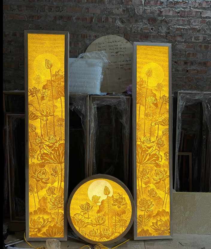 Bộ 3 tranh trúc chỉ 2 tranh đứng sen nụ và tranh tròn Mandala